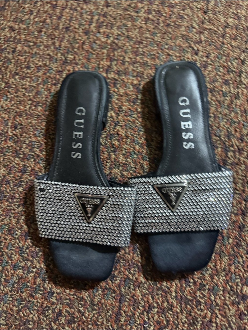 Guess Black Crystal-Embellished Slide Mules
